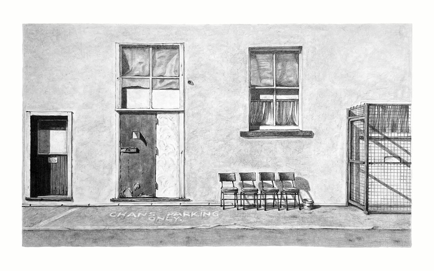15 Lawson Street, Christchurch: a graphite drawing of a plastered facade with a doorway, a window, a row of stacked chairs and a wire gate